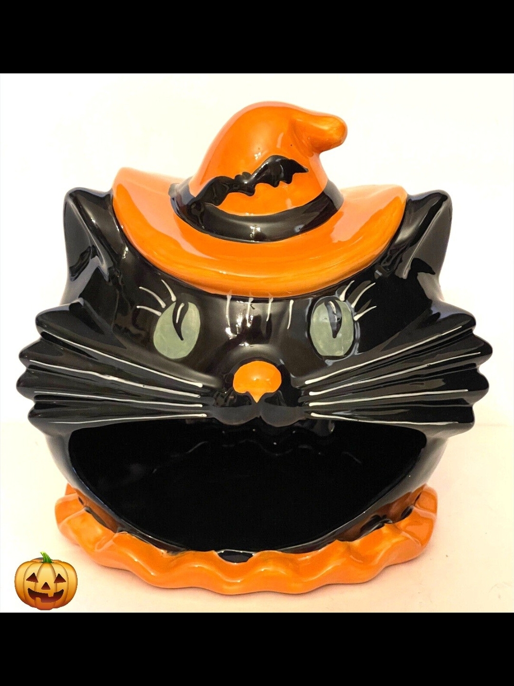 Halloween Black & Orange Cat Treat Bowl with Witch Hat